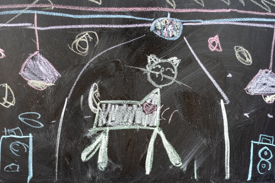 Children's drawing of a cat with colored crayons of a seven-year-old girl on a chalk board