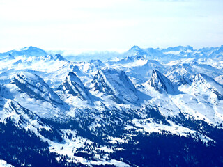 Fototapeta na wymiar Snowy peaks of the Swiss alpine mountain range Churfirsten (Churfürsten or Churfuersten) in the Appenzell Alps massif - Canton of Appenzell Innerrhoden, Switzerland (Schweiz)