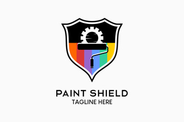 Wall paint or house paint logo design, paint roller silhouette with gear icon in a rainbow color concept in a shield. Modern vector illustration