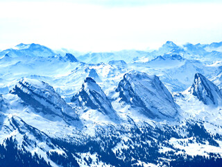 Snowy peaks of the Swiss alpine mountain range Churfirsten (Churfürsten or Churfuersten) in the Appenzell Alps massif - Canton of Appenzell Innerrhoden, Switzerland (Schweiz)
