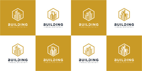 Set of building in hexagon logo design, building vector logo collections