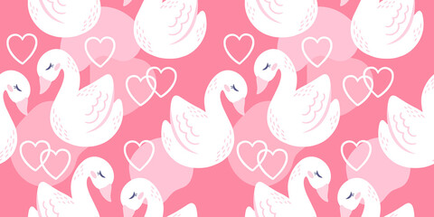 Cute swans in love, vector seamless pattern, hand drawing