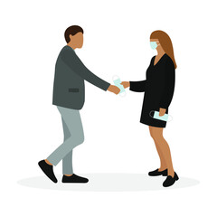 Female character in medical mask giving medical mask to male character on white background