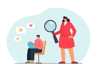 Parental control of child chatting on messenger of social media. Woman standing with magnifying glass near boy flat vector illustration. Internet concept for banner, website design or landing web page