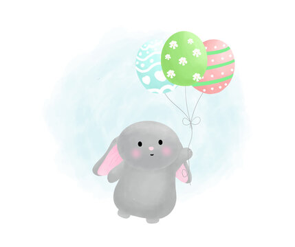 Cute bunny flying with balloon vector illustration. Easter card in water color style