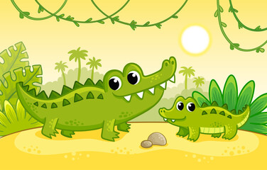 Cute crocodile with a cub stands on a sandy beach among the jungle. Vector illustration