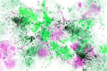 Fototapeta na wymiar Magenta and green watercolor splashes, stains and streaks on a white background. Abstract watercolor background. Illustration.