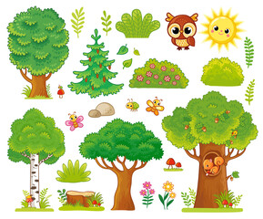 Big set with trees animals. Vector collection of illustrations in cartoon style.