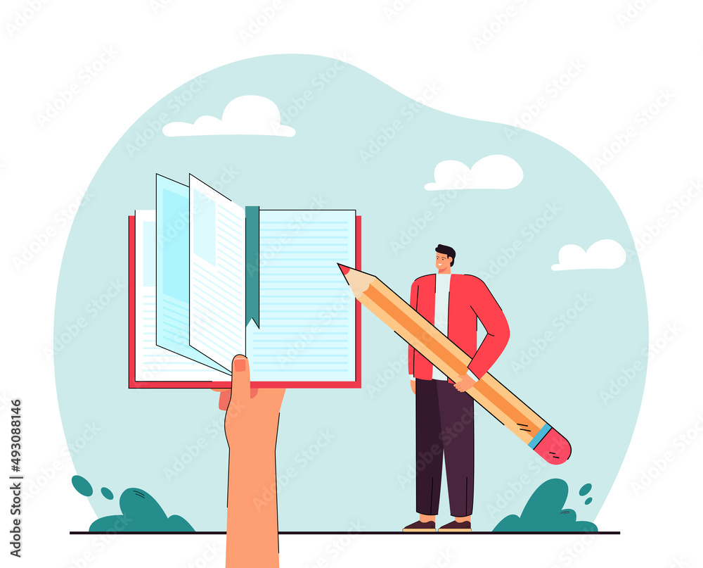 Wall mural tiny author with pencil writing, editing information. hand holding open paper book for study flat ve