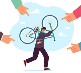 Hands of people pointing finger at thief stealing bike. Tiny man in hoodie running with stolen bicycle flat vector illustration. Crime, larceny concept for banner, website design or landing web page