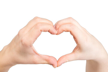 Two female hands show a heart shape on a white background.Isolated