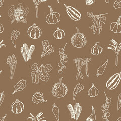 vegetables cucumber, tomato, pumpkin, carrot vector seamless pattern