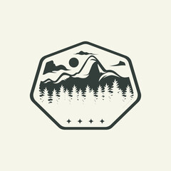 Line art Mountain emblem logo, outdoor adventure emblem, badge and mountain logo. Mountain tourism, hiking. Jungle camp label in vintage style.