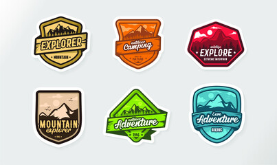 Set of six mountain travel emblems. Camping outdoor adventure emblem, badge and logo patch. Mountain tourism, hiking. Jungle camp label in vintage style. - obrazy, fototapety, plakaty