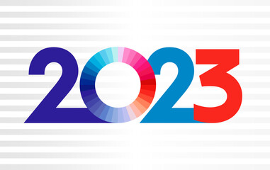 A Happy New Year logotype concept. 2023 digits.  Abstract isolated graphic design template. Red, blue, white colours. Merry Christmas creative congrats. Decorative business web banner. White bg.