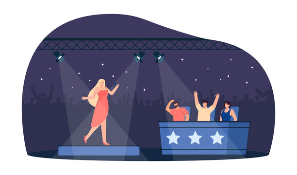 Female Singer Singing On Stage On TV Talent Show. Television Competition Scene With Young Woman And Celebrity Jury Sitting At Desk Flat Vector Illustration. Reality Show, Music, Performance Concept