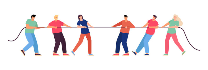 People pulling rope in team competition. Competing strong persons playing tug of war game, characters resisting in contest flat vector illustration. Challenge, confrontation, struggle concept - obrazy, fototapety, plakaty