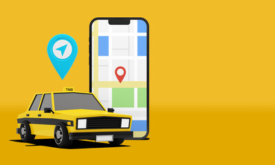 Taxi online service on mobile application. 3d rendering image of yellow cab with smart phone.