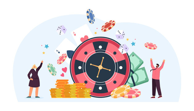Happy people winning money in casino roulette and poker. Tiny man and woman playing online gambling games, standing with fortune wheel, cards and chips flat vector illustration. Gamble, risk concept