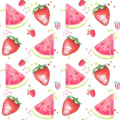 Seamless pattern with watermelon , strawberries , raspberries