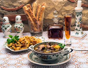 Mushroom soup in a beautiful porcelain bowl. Homemade food.