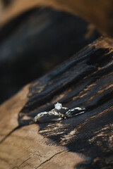 Modern wedding jewelry. Closeup of two wedding rings and engagement ring of white gold on wooden background.