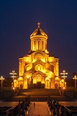 Fototapeta na wymiar Night view of Holy Trinity Cathedral of Tbilisi - Sameba