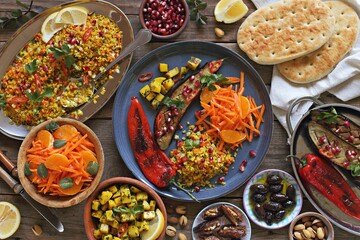  African food table concept. Traditional African or middle eastern dishes assortment. Selective focus