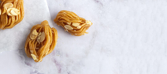 Homemade chebakias pastries, typical Moroccan sweets with honey