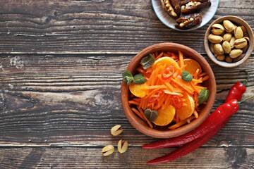 North African Carrot  Orange Salad. Flat layot_ copy space
