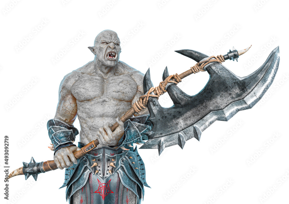 Canvas Prints green orc holding a huge axe in a white background side view - Canvas Prints
