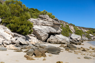 Eroded rocks on the beach at langebaan lagoon in South Africa