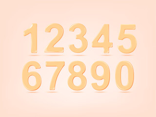 Glossy Yellow Numbers on Pink Background. Math Typeface. Realistic 3d Trendy Render. Vector Illustration