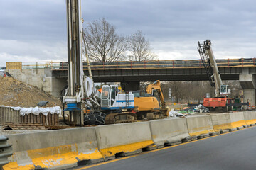 Renovation bridge construction site on reconstruction of the bridge of a modern road interchange in USA