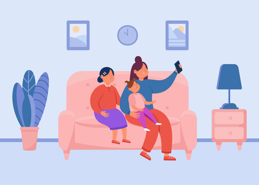 Mother taking selfie on mobile phone with daughters. Woman and girls sitting on couch together at home flat vector illustration. Family, technology concept for banner, website design or landing page