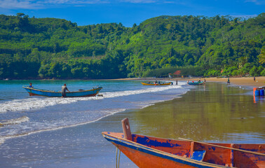 Traditional wooden fishing boats and beautiful hilly beach in East Java province, Indonesia.
boat background on the beach, beautiful Indonesian beaches. beach background.