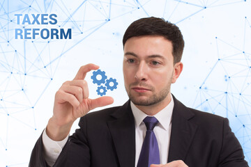 Business, technology, internet and network concept. Young businessman thinks over the steps for...