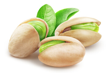 Composition of three pistachios with leaves isolated on white background. Fresh opened green pistachios.