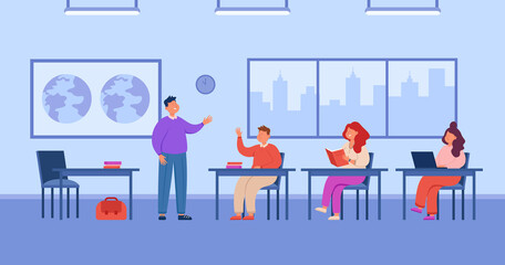 Classroom with happy teacher and school or college students. Young boys and girls studying during lesson or class flat vector illustration. Education, teamwork concept for banner or landing web page