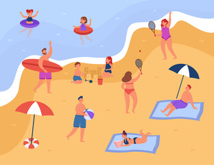 Cartoon character doing lots of various activities on beach. Kids swimming in sea or ocean, surfer, man sitting under umbrella flat vector illustration. Summer, vacation, leisure concept for banner