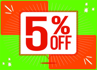-5 percent discount. 5. Up to 5%. Green and Orange banner with floating balloon for promotions and offers. Up to. Vector