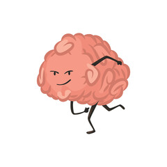 Brain character emotion. Intelligence emoji is running. Cute hero brain emoji isolated on white background. Funny cartoon emoticon