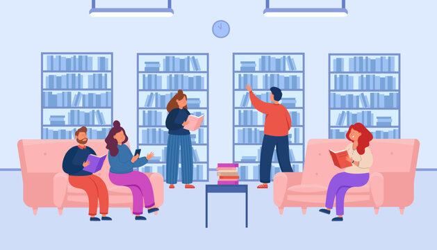 Public library with bookcases and people studying. Students with books sitting on sofas, reading room flat vector illustration. Literature, education, knowledge concept for banner or landing web page