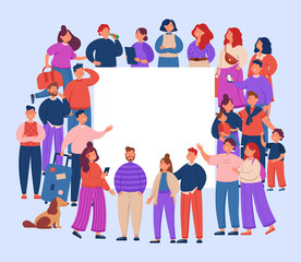 Crowd of different people around blank poster or placard. Multicultural community standing together flat vector illustration. Society, population concept for banner or landing web page