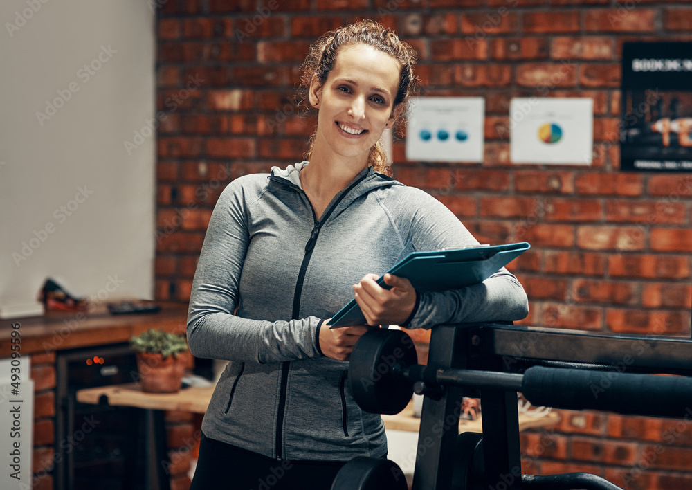 Sticker Cmon, join our gym. Cropped shot of a fitness instructor holding a clipboard.