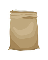 Burlap farmer bag for flour, rice or salt. Farm production in brown textile bale, opened with product inside. Cartoon  icon isolated on white background