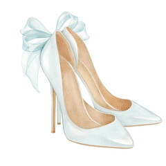 Wedding shoes. Digital illustration in watercolor style. - 493095566