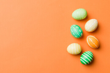 holiday preparation Multi colors Easter eggs on colored background . Pastel color Easter eggs. holiday concept with copy space