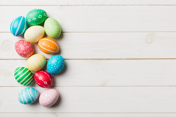 holiday preparation Multi colors Easter eggs on colored background . Pastel color Easter eggs. holiday concept with copy space