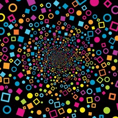 Colorful geometric shapes particle tunnel to place your content. Vector illustration.